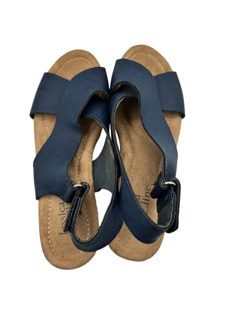 Jessica Cline Navy Blue Wedge Sandals Cork Platform Slingback Women's Size 8.5M